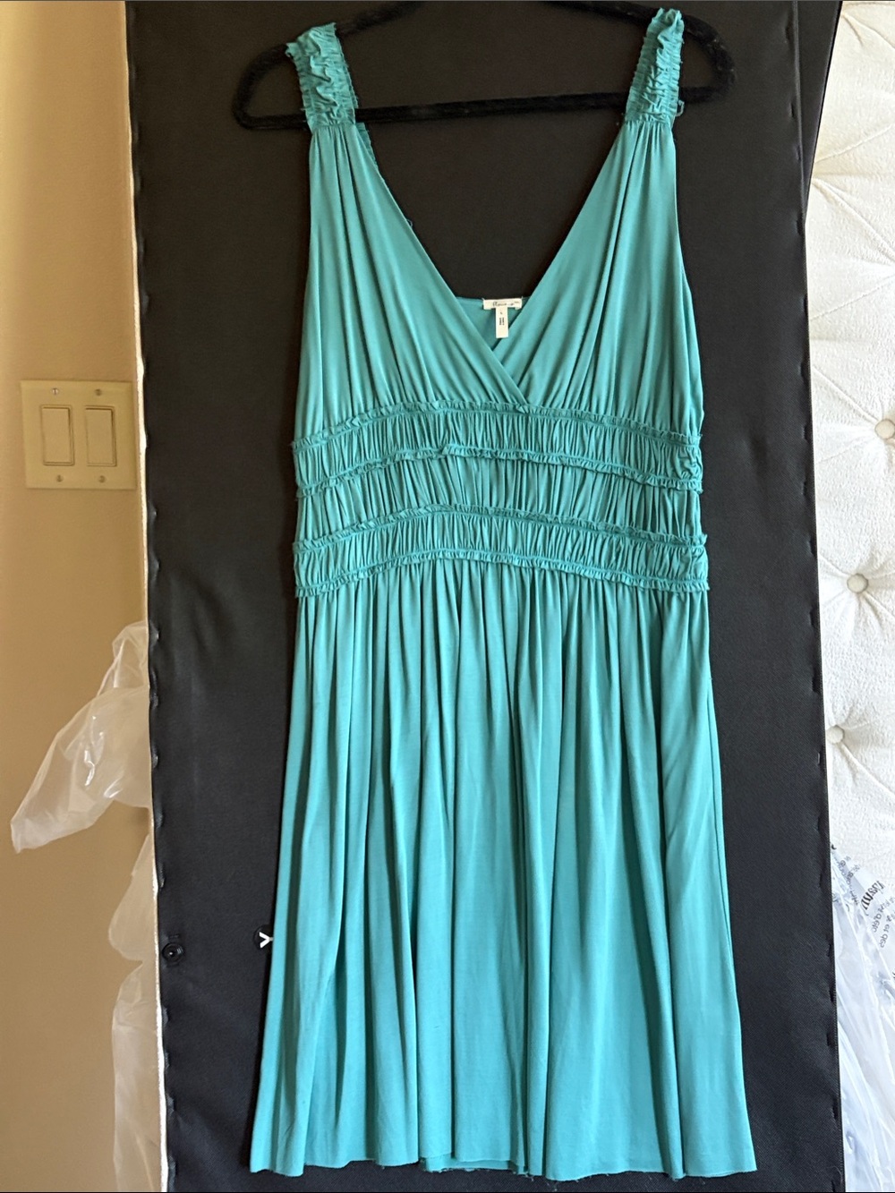 Smocked V-Neck Teal Midi Dress